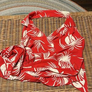 Trashy Diva Red and Cream Palm-Print Halter Crop Top
